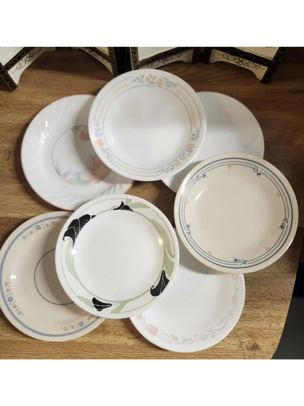 7- Mismatched Corelle Bread, Cake, Side Plates 6.75-7.25